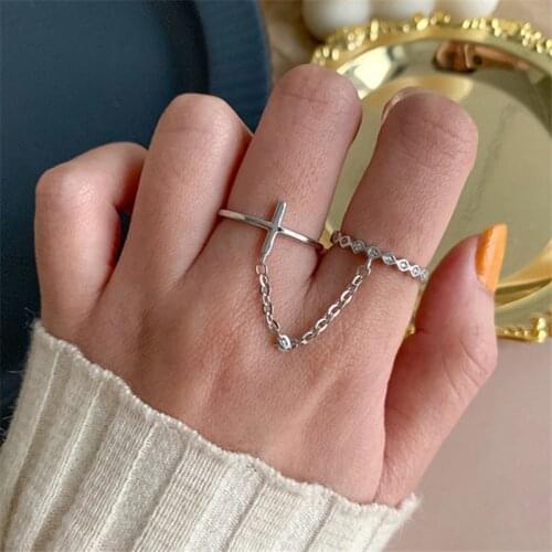 2pcs New Arrival Owner Design Pairs Rings Cross Cubic Stones Finger Rings Tassel Women Jewelry Minimalist Style Tibetan Silver