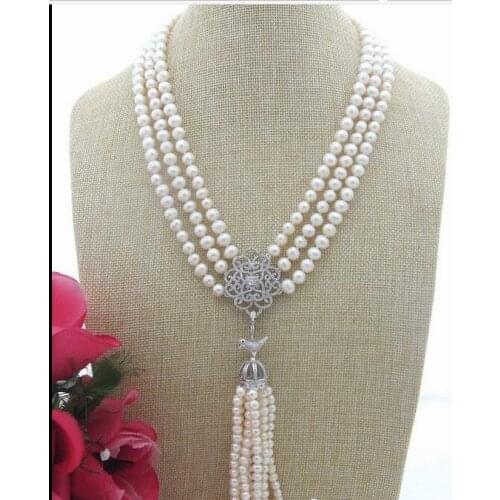 3 row White Pearl Rhinestone Pendant Necklace