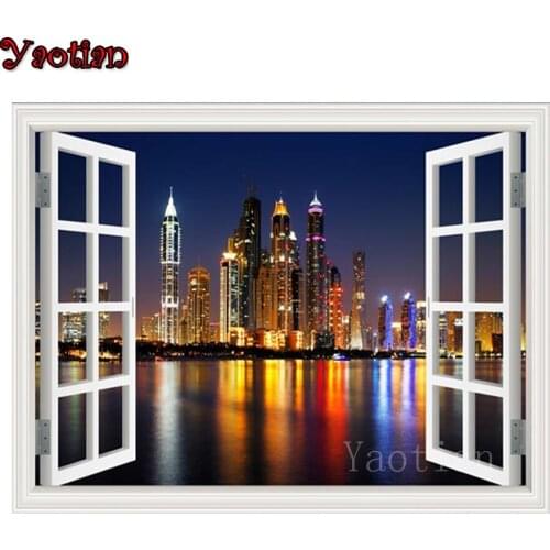 3D Window View Wall Sticker Night City Landscape DIY Diamond Painting Full round Diamond Embroidery Cross Stitch Handmade Gift
