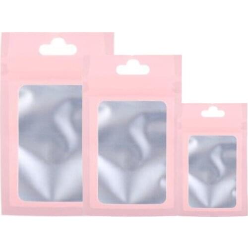 50/150pcs Aluminum Foil Window Zip Lock Bags Snacks Jewelry Nail USB Bracelets Gifts Pouches Pink Party Storage Sealed Gift Bag