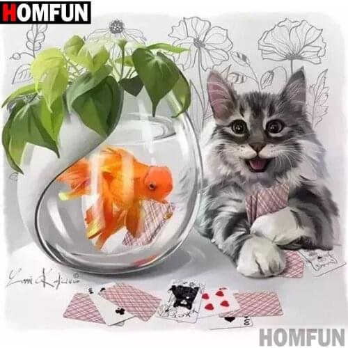 HOMFUN DIY 5D Diamond Painting "Cat goldfish" Full Diamond Embroidery Sale Picture Of Rhinestones For Festival Gifts A25929