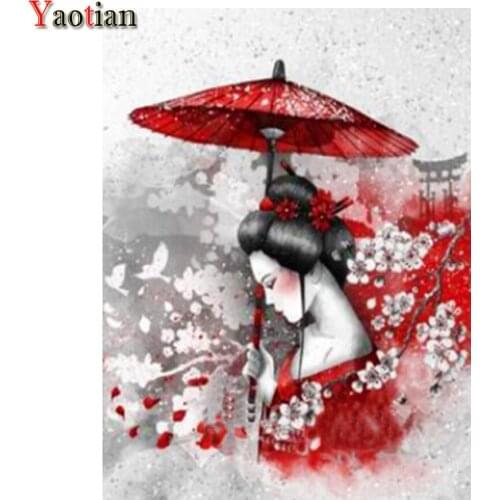 5D Diamond painting DIY Japanese Woman Diamond Mosaic Embroidery Sakura Cross Stitch Black White Red Rhinestone Home Decor New