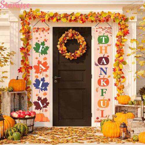 Thanksgiving Decorations Fall Porch Sign Happy Fall Thankful Banner Maple Leaf Sign Autumn Thanksgiving HangFlag for Yard Indoor