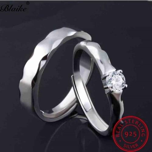 Blaike Genuine s925 Sterling Silver Couple Rings For Women Men Round White Diamond Ring With Zircon Stone Wedding Bands Jewelry