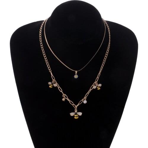 Personality Crystal Flower Bee Cute Pendant Necklace Women Fashion Double Layer Clavicle Chain Choker Necklaces Jewelry Gift