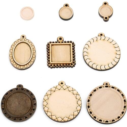 10pcs/lot Wood Round Square Blank Pendants Tray Base Fit Resin Glass Cabochon Blank Beads For DIY Jewelry Making Accessories