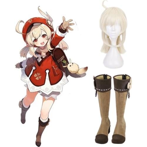 Genshin Impact Klee Wig Cosplay Halloween Wigs Ponytails Women Beige Wig Heat Resistant Synthetic Hair Cosplay Shoes