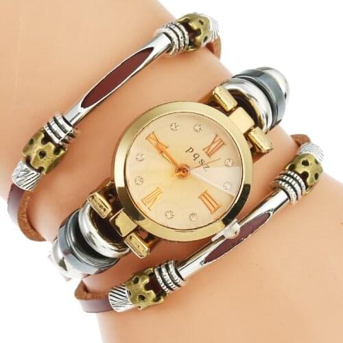 Gnova Top New Brand Genuine Leather Watch Women Gold Roman Crystal Luxury Dial Triple Bracelet Wristwatch Quartz Fashion B025