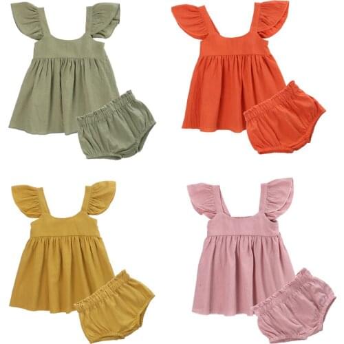 Summer Toddler Baby Girls Suits Cotton Ruffle Sleeveless Flouncing Tank Top + Elastic Waistband Shorts Solid Outfit 0-2 Years
