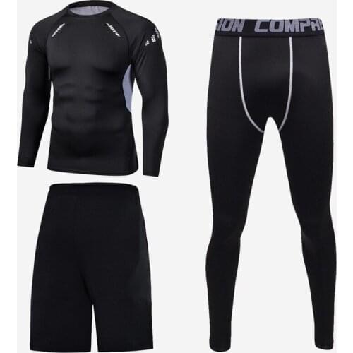 Men Compression Running T Shirt Fitness Tight Sport Basketball Shirts Training Jogging Suit Gym Sportswear 3 Pieces Set