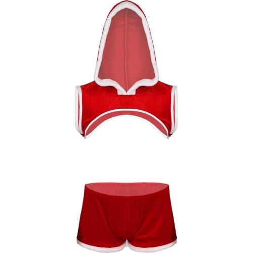 Men Christmas Role Play Outfits Velvet Exotic Sets Festival Dress Up Faux Fur Trimming Sleeveless Hooded Crop Top with Shorts