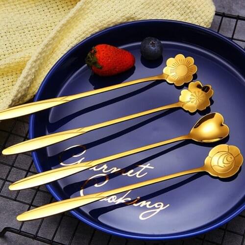 Stainless Steel Gold Plated Flower Spoon Ice Tea Coffee Set Tableware Dessert Stir Christmas Party Table Utensils Agitate Honey
