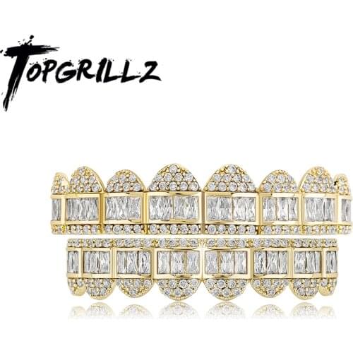 TOPGRILLZ 2021 New Baguette Set Teeth Grillz Top & Bottom 14K White Gold Hip Hop Fashion Rapper Jewelry Gift For Men Women
