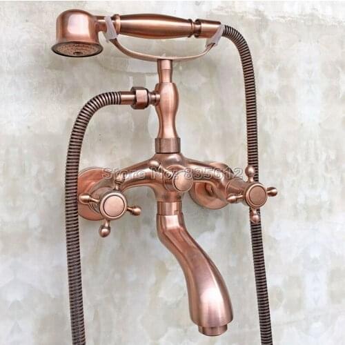 Antique Red Copper Wall Mounted Bathroom Telephone Style Handheld Shower Head Tub Faucet + Dual Cross Handles Mixer Tap Wtf801
