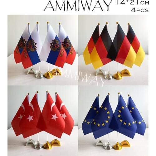 AMMIWAY 14x21cm 4pcs Russia Russian Federation Turkey European Union Desk Flags Germany German Turkish Table Flag Plastic Base