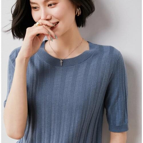 2021 summer new pure wool knitted thin short-sleeved T-shirt O-neck short-sleeved loose half-sleeved womens pullover