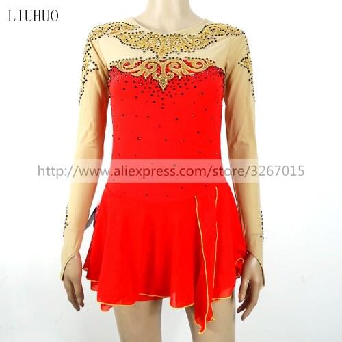 LIUHUO Figure Skating Dress Womens Girls' Ice Roller Round Neck Long Sleeve Adults Kids Dance Leotard Costume Ballet Skirt Red