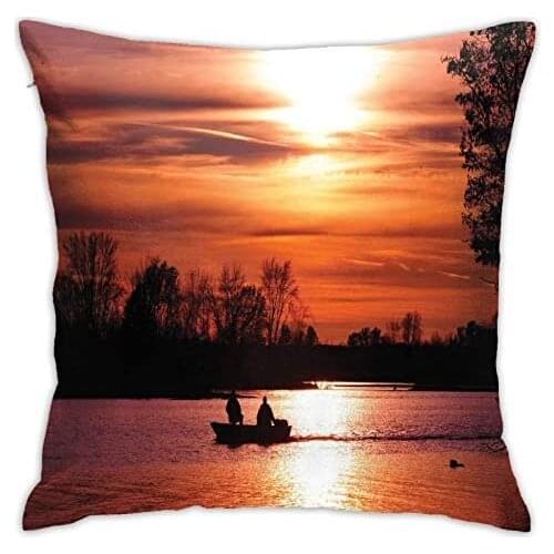 Pooizsdzzz Personalized Abraction Datic Sky in Warm Tones at Sunset Tree and Boat Silhouettes On ke Waller Decorative Pillow