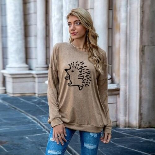 Spring Women Pullover Casual Long Sleeve Pocket Sweater Hedgehog Print Female Fashion Kawaii Streetwear Ladies Daily Hooded Tops