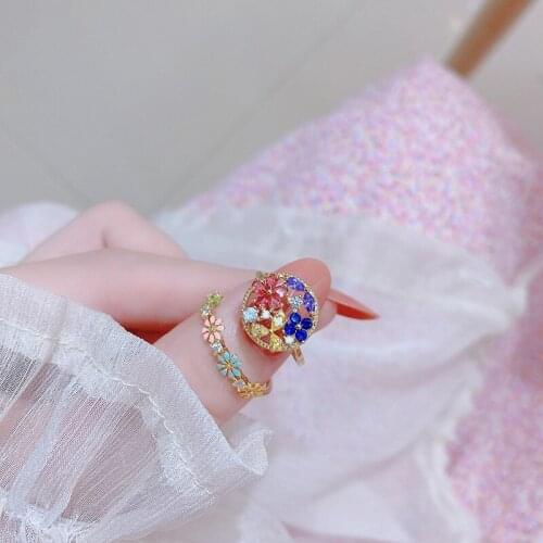 Luxury Crystal Multi-color Flower Adjustable Rings for Women New Fashion Brand Jewelry Zirconia Gift Rings
