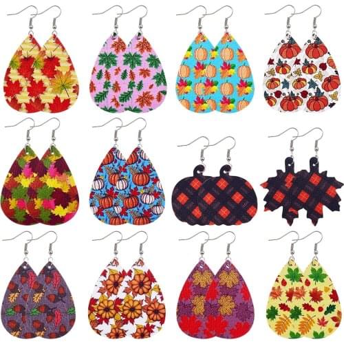 Maple Pumpkin Double-sided Printed PU Leather Pendant Earrings Suitable for Womens Halloween Thanksgiving Gifts