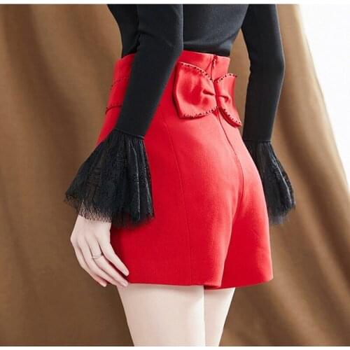 2020 Spring Fall Fashion Womens High Waisted Rhinestone Bow Red Black Shorts , Autumn Female Woman 3xl Slim Shorts