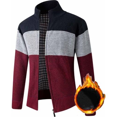 FALIZA Stand Collar Sweater Coat Mens Patchwork Thick Fleece Comfy Wool Cardigan Knitted Jackets Casual Male Knitwear XY109