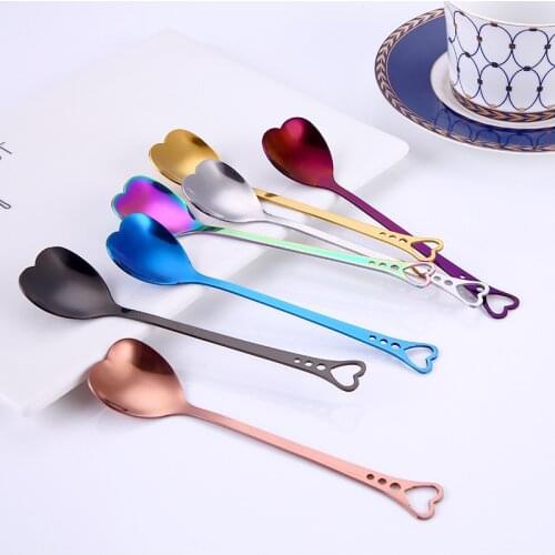 Heart Shaped Love Couple Spoon Creative Stainless Steel Coffee Tea Dessert Stiring Spoon Rainbow Black 1Pc