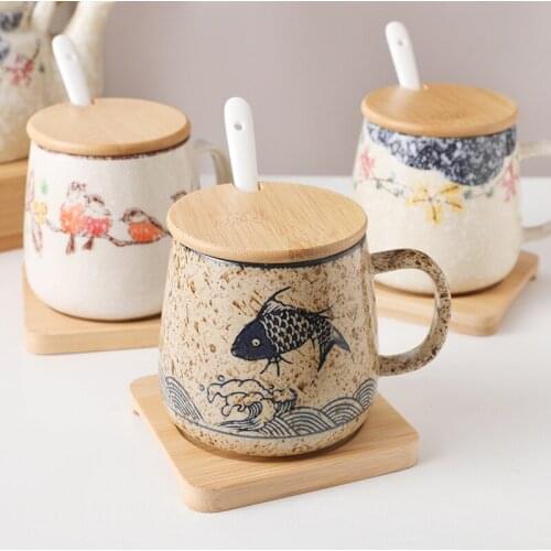 Japanese Mugs Antique Chinese Ceramics Drinking Water Office and Household Adult Cups with Bamboo and Wood Covers and Spoons
