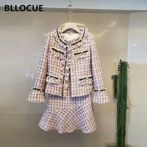 BLLOCUE High Quality Winter Women Plaid Tweed 2 Piece Set Dress Pearls Splice Ruffles Wool Jacket Coat+Fish Tail Mini Skirt Suit