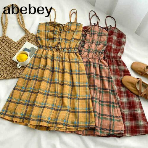 2021 New Spring Summer Women Retro All-match Plaid Dress cross strapping high waist slim Sling Dress