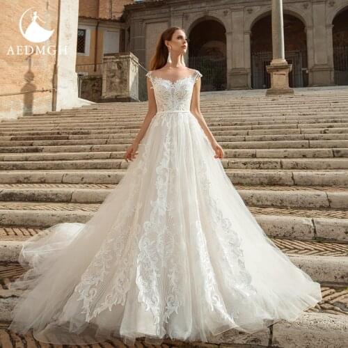 Aedmgh A-Line Wedding Dresses 2021 Sweetheart Sleeveless Vestido De Novia Lace Appliques Crystal Court Train Empire Bridal Gown