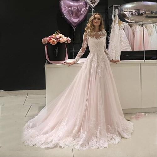 Marvelous Tulle A-line Wedding Dresses With Beaded Lace Appliques Long Sleeves Blush Pink Bridal Dress robe de mariee princesse