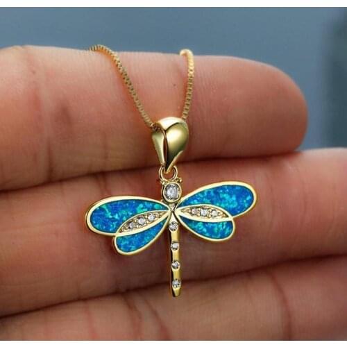 Vintage Fashion Dragonfly Opal Pendant Necklace For Women Retro Female Engagement Wedding Dangle Necklace Charm Jewelry Gifts