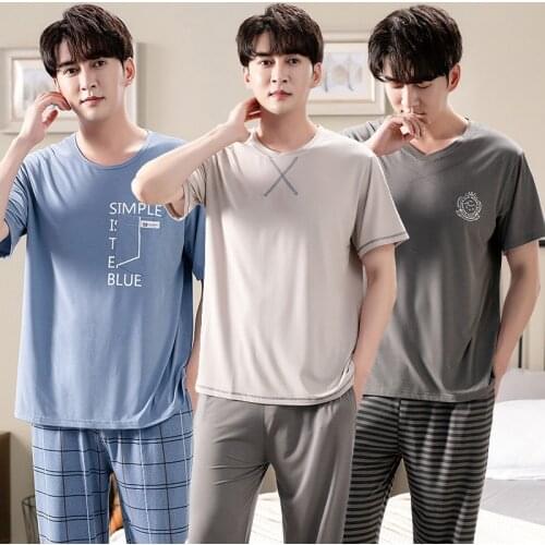 2021 Summer Plus Size Short Sleeve Long Pants Modal Pajama Sets for Men High Quality Sleepwear Suit Pyjama Homewear Home Clothes