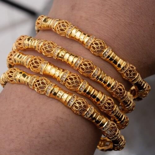 4pcs Micro inlay 24K Gold Color Wedding Dubai Bangles for Women Bride Bracelets Ethiopian/france/African/Dubai Jewelry gifts