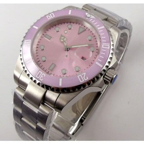 40mm Pink Dial Automatic Movement Sapphire Glass Miyota Bracelet Strap Date Window Self Winding Mens Watch