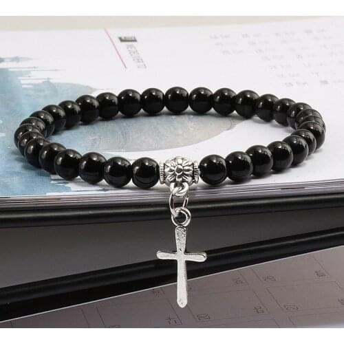 6mm Boho Natural Blue Turquoises Beads Bracelet Men Cross Pendant Black Volcanic Stone Strand Bracelets for Women Charm Jewelry