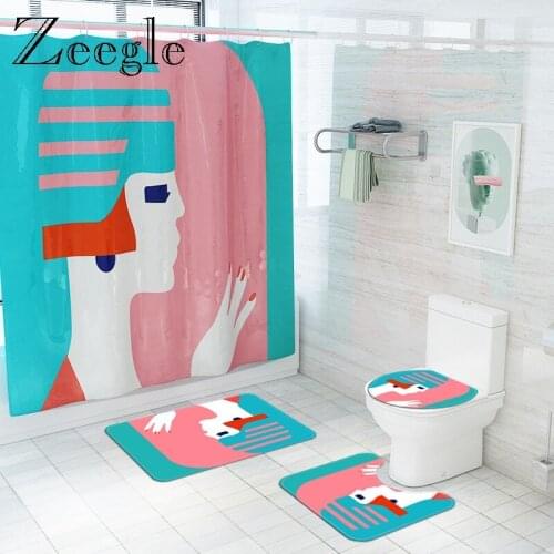 Flannel Bath Mat and Waterproof Shower CurtainSet U-Shaped Toilet Rug and Absorbent Bathroom Carpet Rug Anti-slip Floor Mat