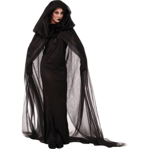 Halloween Cosplay Witch Vampire Uniform Black Long Dress Hooded Cape with Gloves R7RF