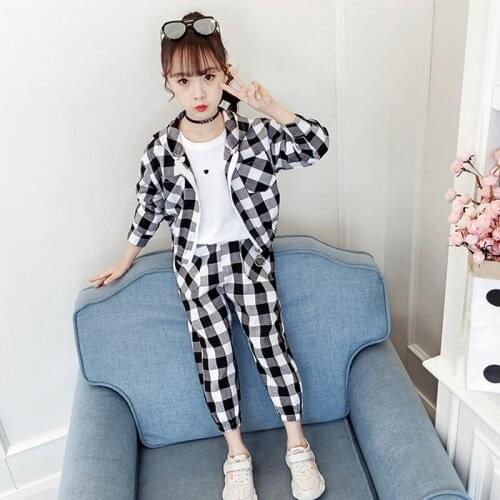 2019 Kids Clothes Set Fashion Teen Girls plaid Tracksuits Spring 2pcs/set Children Sport Suits 6 8 10 12 year Girls Clothes
