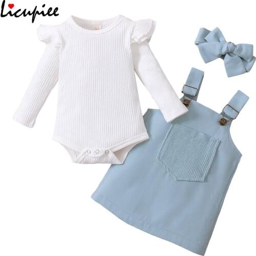3pcs Baby Girls Outfit, Sweet Style Solid Color Long Sleeve Round Collar Romper + Front Pocket Suspender Skirt + Headwear Set