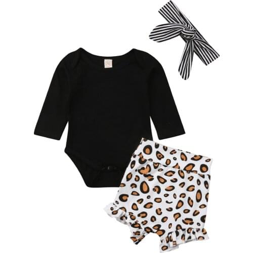 Fashion 3pcs/set Newborn Toddler Baby Girls Clothing Set Black Long Sleeve Romper Bodysuit + Leopard Skirts + Headband Outfit