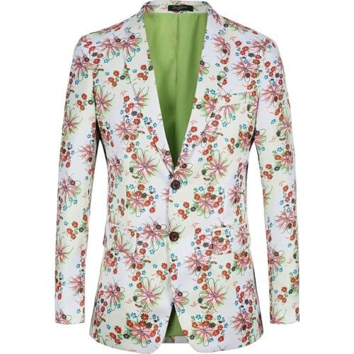 Men Casual Blazer Spring Autumn Slim Fit Suit Jacket Floral Print Daily Life Stage Costume Nightclub Ball Party Prom Singer Host