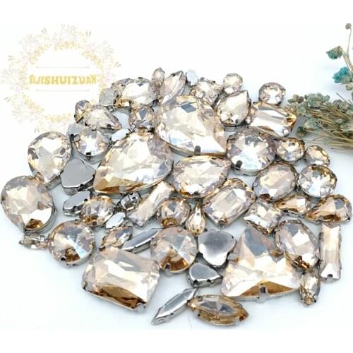 58pcs 10shapes 25sizes Mix Champagne shape and sizes Glass Crystal rhinestones silvery bottom DIY Clothing accessories