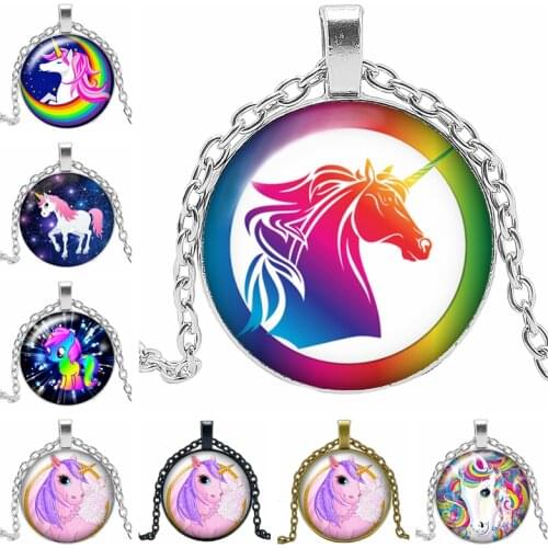 2019 New Unicorn Anime Cartoon Horse Necklace Jewelry Pendant Crystal Convex Round Glass Necklace Childrens Gift