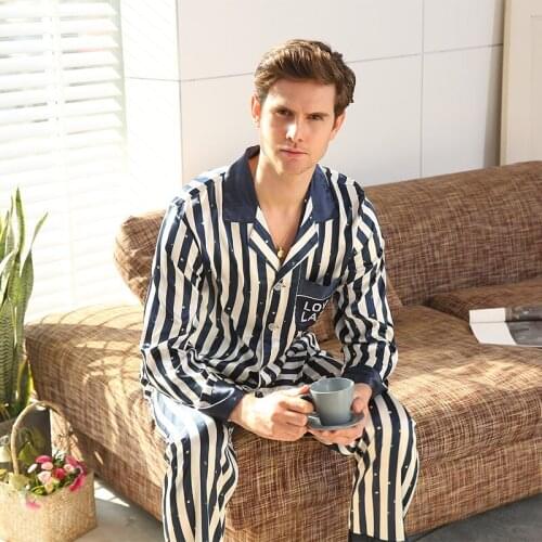 Spring summer Silk Pajamas for Men Striped Sleepwear Men Pajama Sets Long Sleeve Pants Silk Suit Home Clothes Men Leisure Suits