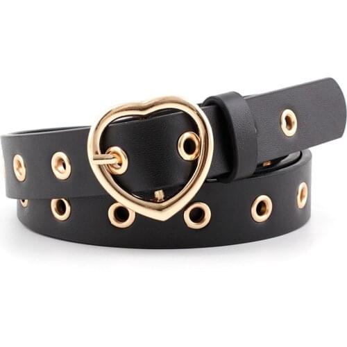 2020 Vintage Gold Heart Buckle Belt For Women Black Pink White Red Leather Punk Eyelet Grommet Waist Belt Female Jeans