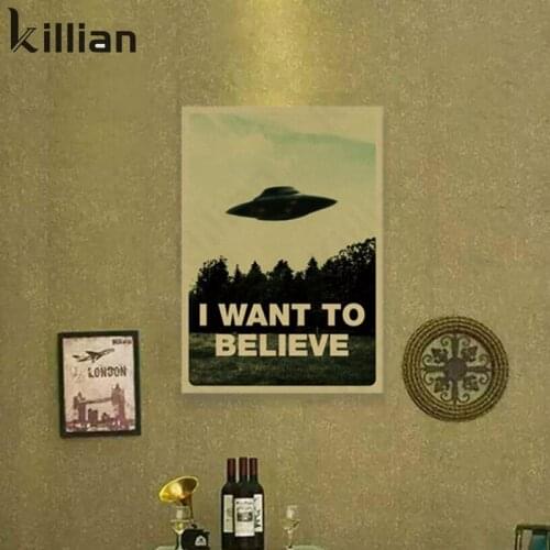 Retro Cartoon Ufo Art Landscape Painting i Want To Be a Believe Picture Print Poster Wall Art Poster Room Decoration Accessories