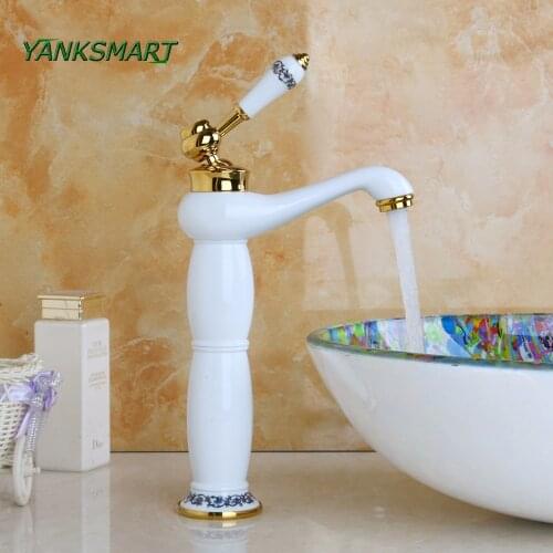YANKSMART Bathroom Basin Faucet Single Handle Golden Ceramic Basin Sink Bathroom Deck Mount Single Hole Ceramic Faucet Mixer Tap